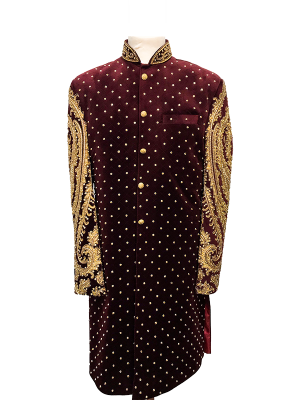 Quilted Maroon Velvet Sherwani