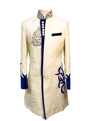 Blue Paperwork Aplique Off White Sherwani