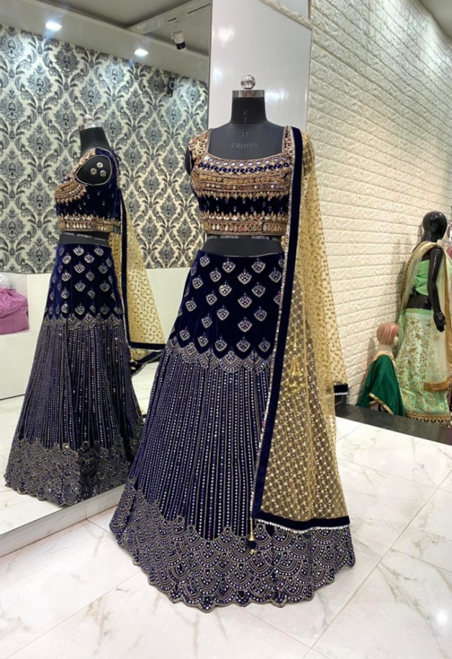 Navy Blue Embroidered Velvet Lehenga Choli