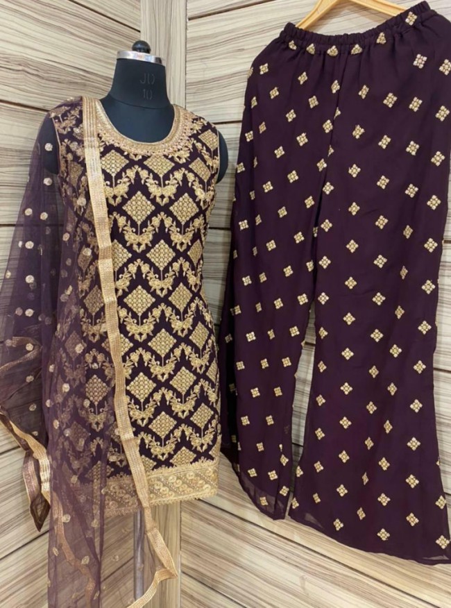 Purple Embroidered Palazo Suit
