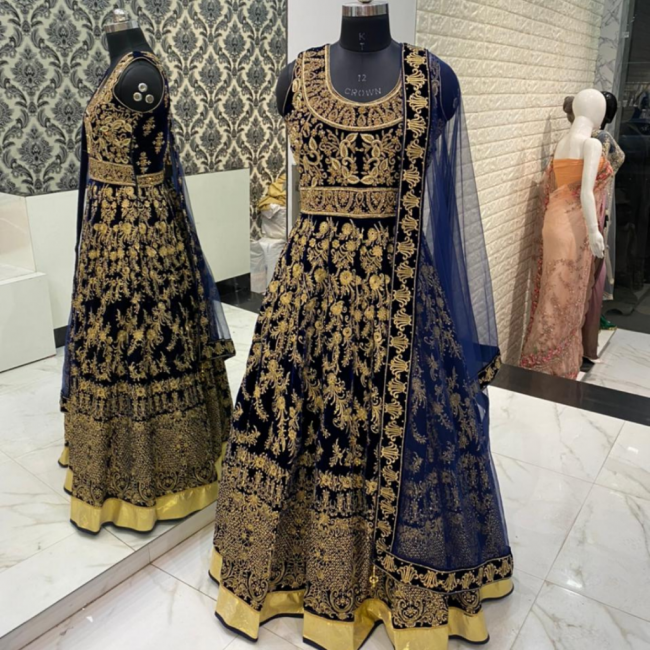 Navy Blue Velvet Bridal Gown