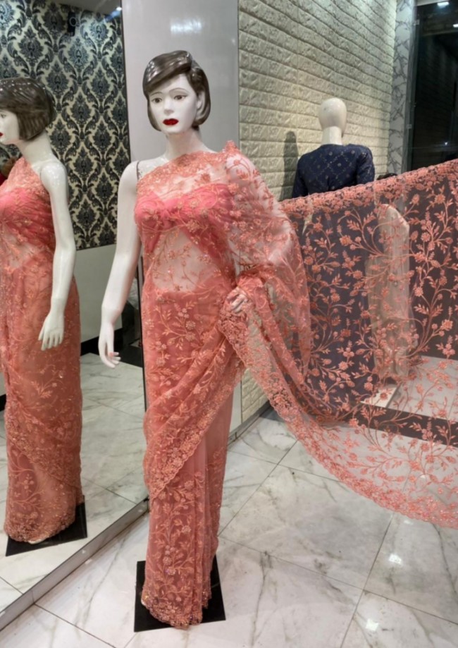 Coral Pink Net Saree