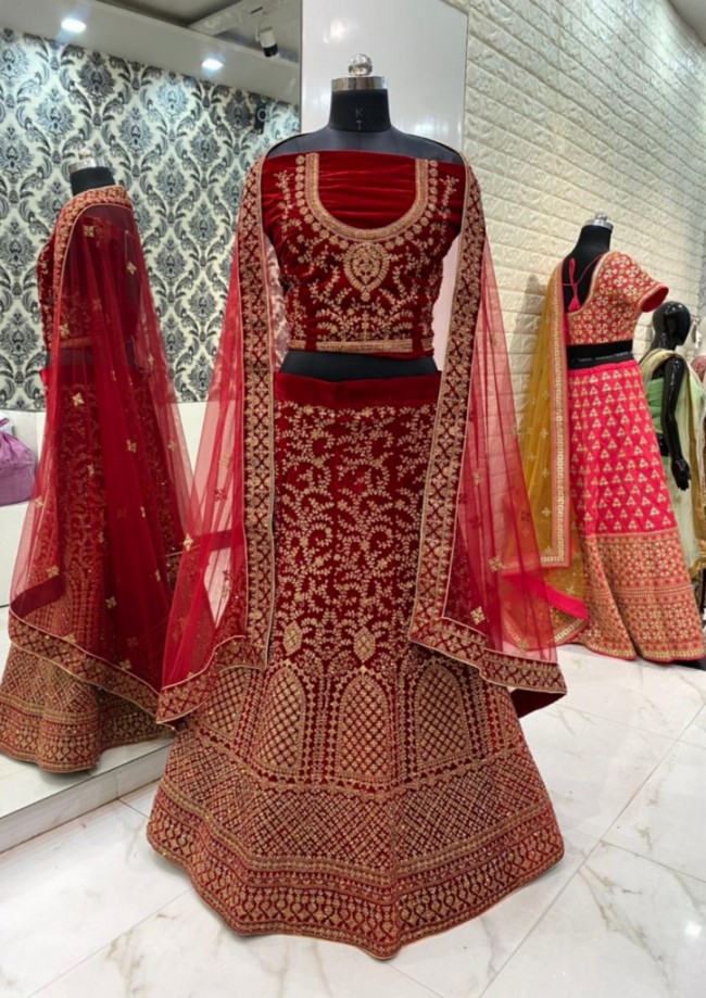 Red Bridal Velvet Lehenga Choli