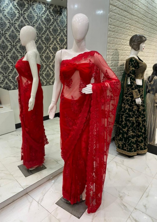 Red Net Saree