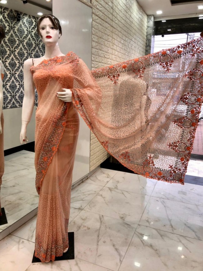 Peach Net Saree