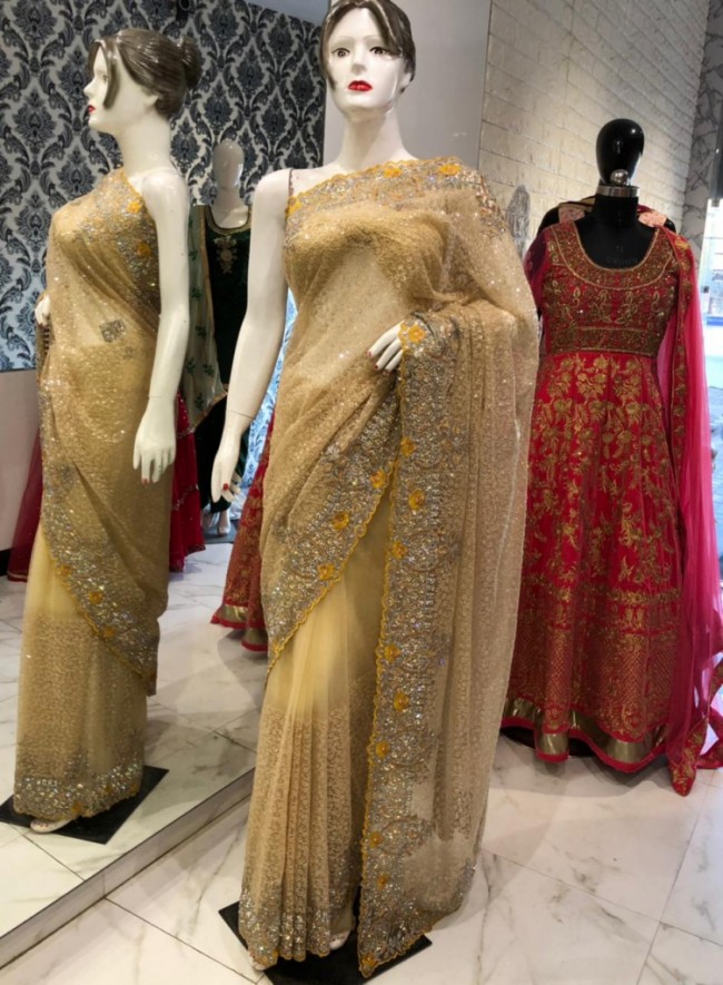 Yellow Net Embroidered Saree